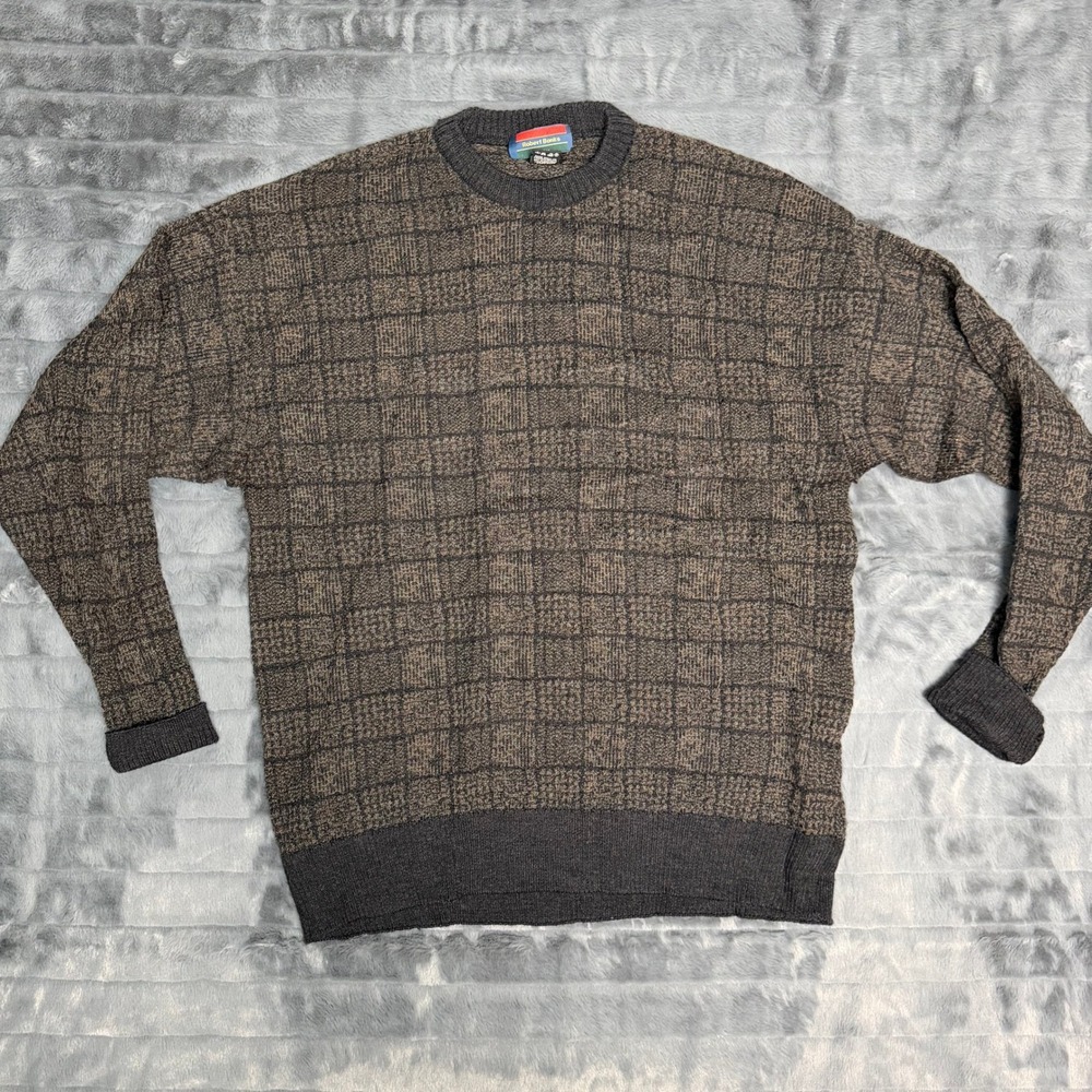 Robert Banks Vintage Merino Wool Windowpane Sweater Mens XL Brown Charcoal Gray